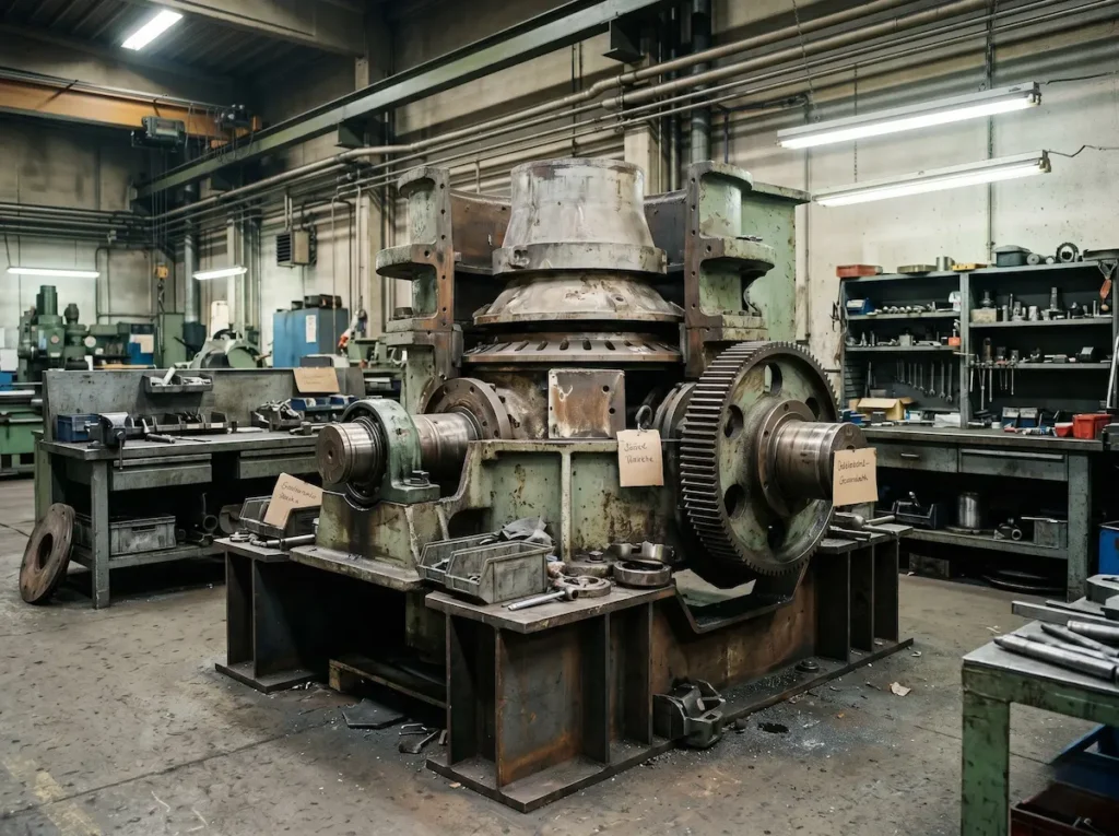 Rénovation d'un broyeur giratoire WEIL Brechertechnik en atelier